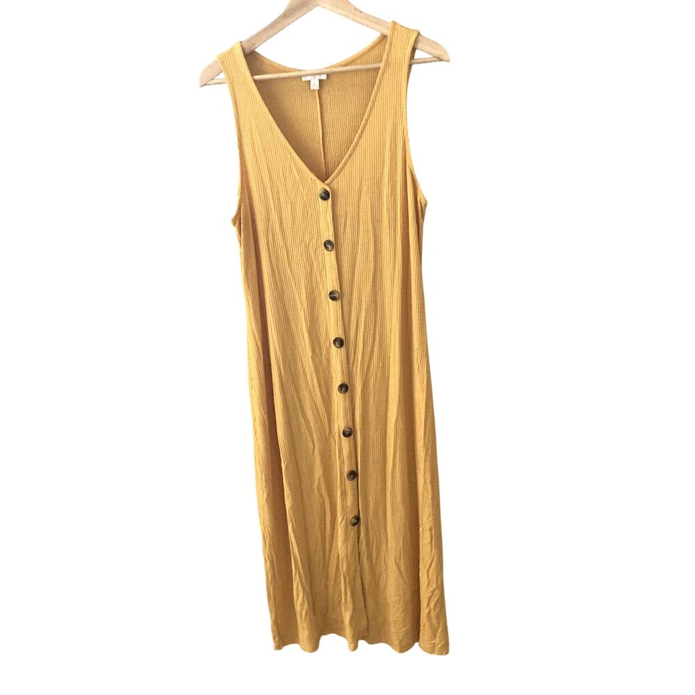 Sleeveless Ribbed Button Front Tank Midi Dress Mustard Yellow Large